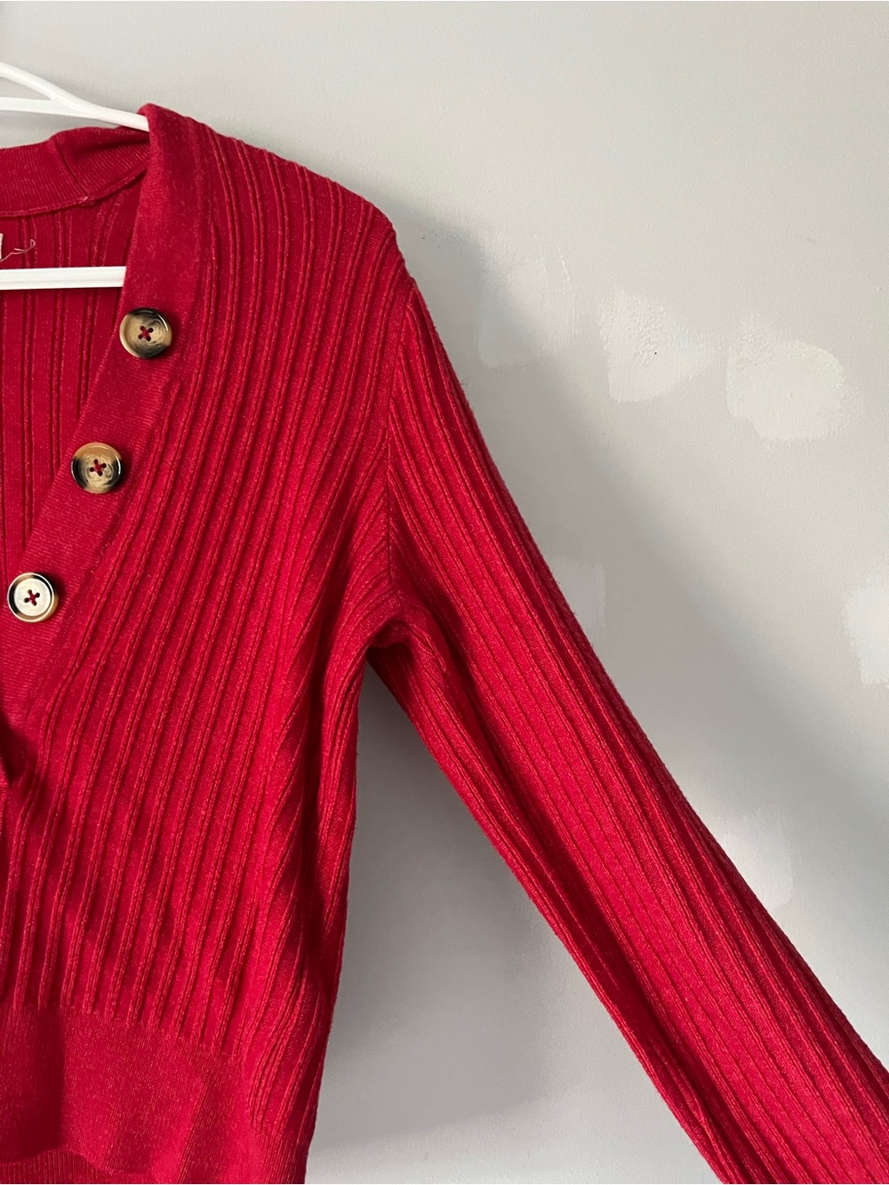 Anthropologie Pilcro Red Ribbed Asymmetric Button-Front V-neck Long Sleeve Top - Picture 4 of 11